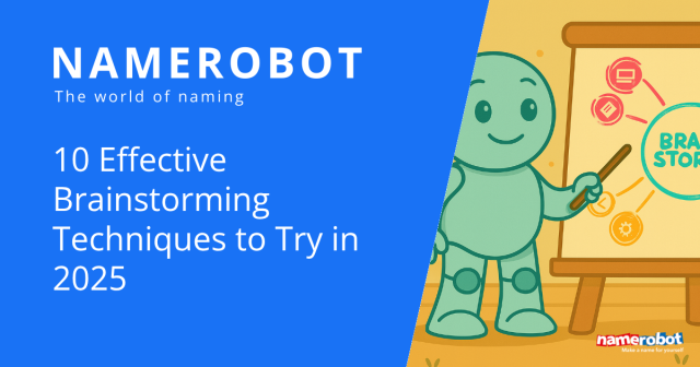 Illustration mit Namero, dem Maskottchen von NameRobot, der auf ein Flipchart mit dem Wort „Brainstorming“ zeigt. Links daneben Text: „10 effektive Brainstorming-Techniken für 2025“.