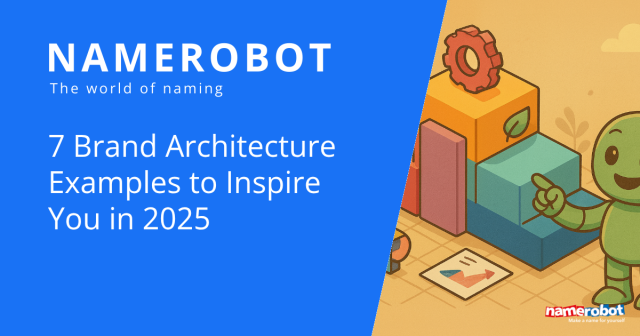 Namero zeigt auf bunte Markenbausteine neben dem Titel „7 Brand Architecture Examples to Inspire You in 2025“ auf einem blauen Hintergrund.