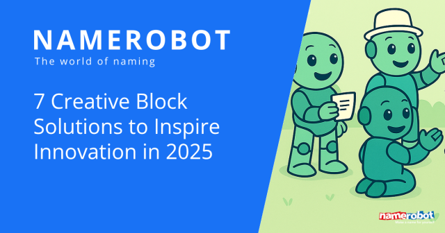 NameRobot Social Share Grafik zum Thema kreative Blockaden mit mehreren Figuren in einer hellen Gruen Blau Szene.