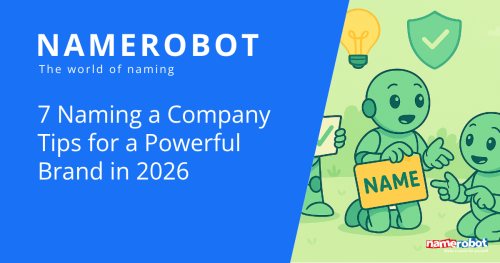 Firma benennen: 7 Tipps für starke Namen 2026 NameRobot Social Share Grafik zu starken Firmennamen mit mehreren Figuren, Namensschild und Symbolen fuer Sicherheit und Ideen.
