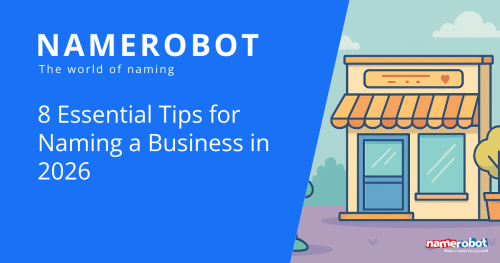 8 Tipps für die Firmennamen-Findung 2026 NameRobot Social Share Grafik zu Business Naming mit einer stilisierten Ladenfront auf hellem Hintergrund.