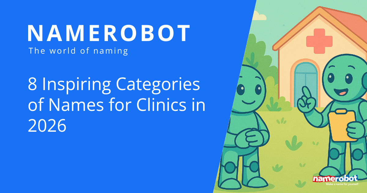 8 inspirierende Kategorien von Namen fuer Kliniken in 2026 NameRobot Social Share Grafik zu Kliniknamen mit Figuren vor einem Gebaeude mit rotem Kreuz und einem Klemmbrett.