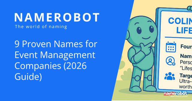NameRobot Social Share Grafik fuer Event Management Namen mit einer Figur neben einer Tafel zu Positionierung und Zielgruppe.