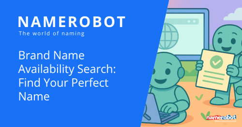 NameRobot Social Share Grafik zur Verfuegbarkeitspruefung von Markennamen mit Figuren am Laptop und einem bestaetigten Dokument.
