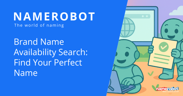 NameRobot Social Share Grafik zur Verfuegbarkeitspruefung von Markennamen mit Figuren am Laptop und einem bestaetigten Dokument.