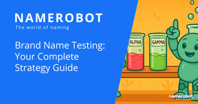 Der Roboter Namero steht neben drei Laborgefäßen mit den Namen Alpha, Gamma und einer verdeckten dritten Probe. Er hebt den Finger, als hätte er eine Idee zur besten Markenstrategie.