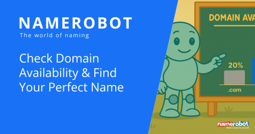 Domain-Verfügbarkeit prüfen und passenden Namen finden Illustration mit Namero, dem Maskottchen von NameRobot, der auf eine Tafel mit einer .com-Domain-Statistik (20 %) zeigt. Links daneben steht der Text: „Domain-Verfügbarkeit prüfen & den idealen Namen finden“.