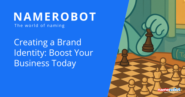 Namero bewegt eine Schachfigur auf einem Schachbrett – Symbol für strategisches Vorgehen beim Aufbau einer Markenidentität. Der Text „Creating a Brand Identity: Boost Your Business Today“ erscheint links im Bild.