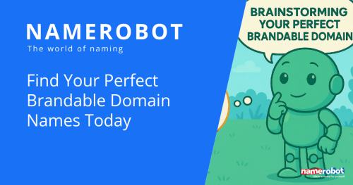 Brandable Domain-Namen für dein Unternehmen finden NameRobot Grafik mit Maskottchen Namero, das über die perfekte markenfähige Domain nachdenkt. Text: ‚Finde heute deine perfekte Brandable Domain‘.