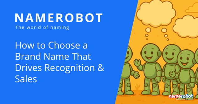 Eine Gruppe von Namero-Robotern steht zusammen, alle mit großen Gedankenblasen über dem Kopf – Symbol für gemeinsames Nachdenken über starke und verkaufsfördernde Markennamen.
