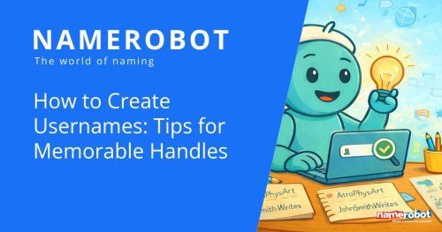 NameRobot Social Share Grafik zu Usernames mit Namero am Laptop und mehreren Handle Beispielen auf dem Schreibtisch.