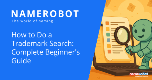 Namero hält eine Lupe vor ein buntes Dokument auf einem Laptopbildschirm, um Markendaten zu prüfen. Um ihn herum fliegen Papierseiten – Symbol für intensive Recherche.