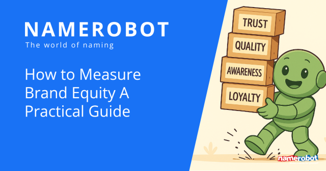 Namero trägt vier gestapelte Bausteine mit den Aufschriften „Loyalty“, „Awareness“, „Quality“ und „Trust“ – sinnbildliche Darstellung der Bestandteile von Brand Equity.