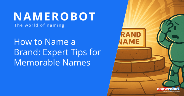 Namero steht nachdenklich vor einem hell erleuchteten Sockel mit der Aufschrift „Brand Name“ – eine visuelle Darstellung für den anspruchsvollen Prozess der Markennamensfindung, begleitet vom Text „How to Name a Brand: Expert Tips for Memorable Names“.