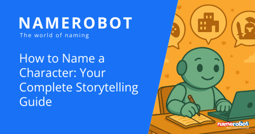 Der Roboter Namero sitzt an einem Schreibtisch, schreibt in ein Notizbuch und nutzt einen Laptop. Über ihm erscheinen Sprechblasen mit Symbolen für Spiel, Gebäude und Ritter – als Symbol für unterschiedliche Charaktertypen.
