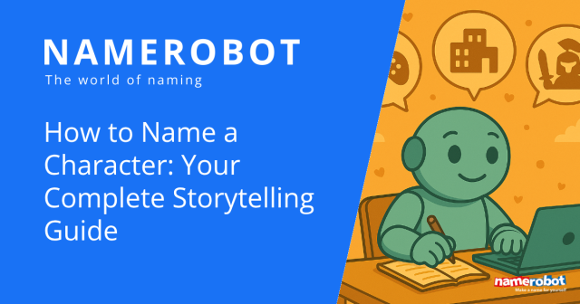 Der Roboter Namero sitzt an einem Schreibtisch, schreibt in ein Notizbuch und nutzt einen Laptop. Über ihm erscheinen Sprechblasen mit Symbolen für Spiel, Gebäude und Ritter – als Symbol für unterschiedliche Charaktertypen.