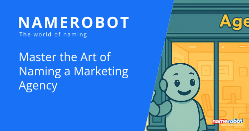 Namero steht vor dem Schaufenster einer Agentur mit gelb leuchtender Inneneinrichtung, während der Text „Master the Art of Naming a Marketing Agency“ eingeblendet ist – Symbol für Expertise bei der Benennung von Kreativ- und Werbeagenturen.