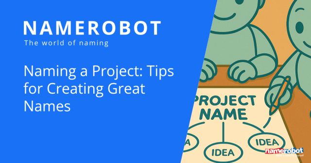 Namero-Roboter sitzen an einem Tisch, auf dem ein Blatt mit der Überschrift „Project Name“ liegt. Darunter verzweigen sich mehrere Ideen-Kreise – Symbol für kreative Methoden zur Namensfindung bei Projekten.
