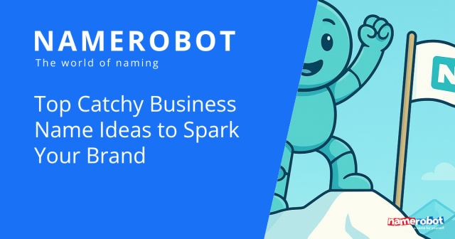 Namero jubelt auf einem Berggipfel neben einer Flagge mit einem „N“ – daneben der Text „Top Catchy Business Name Ideas to Spark Your Brand“. Das Bild symbolisiert kreative Inspiration und den Erfolg origineller Unternehmensnamen.