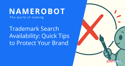 Namero zeigt mit einem Stift auf ein großes rotes X in einem Kreis – Symbol für Konflikte bei Markenverfügbarkeit. Der Text „Trademark Search Availability: Quick Tips to Protect Your Brand“ verweist auf einfache Maßnahmen zur Markenprüfung.