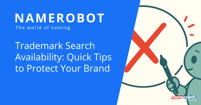 Namero zeigt mit einem Stift auf ein großes rotes X in einem Kreis – Symbol für Konflikte bei Markenverfügbarkeit. Der Text „Trademark Search Availability: Quick Tips to Protect Your Brand“ verweist auf einfache Maßnahmen zur Markenprüfung.