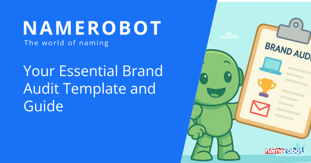 Namero steht neben einem großen Klemmbrett mit dem Titel „Brand Audit“, darauf Symbole für Computer, Trophäe und E-Mail – visuelle Darstellung einer Markenanalyse-Vorlage.
