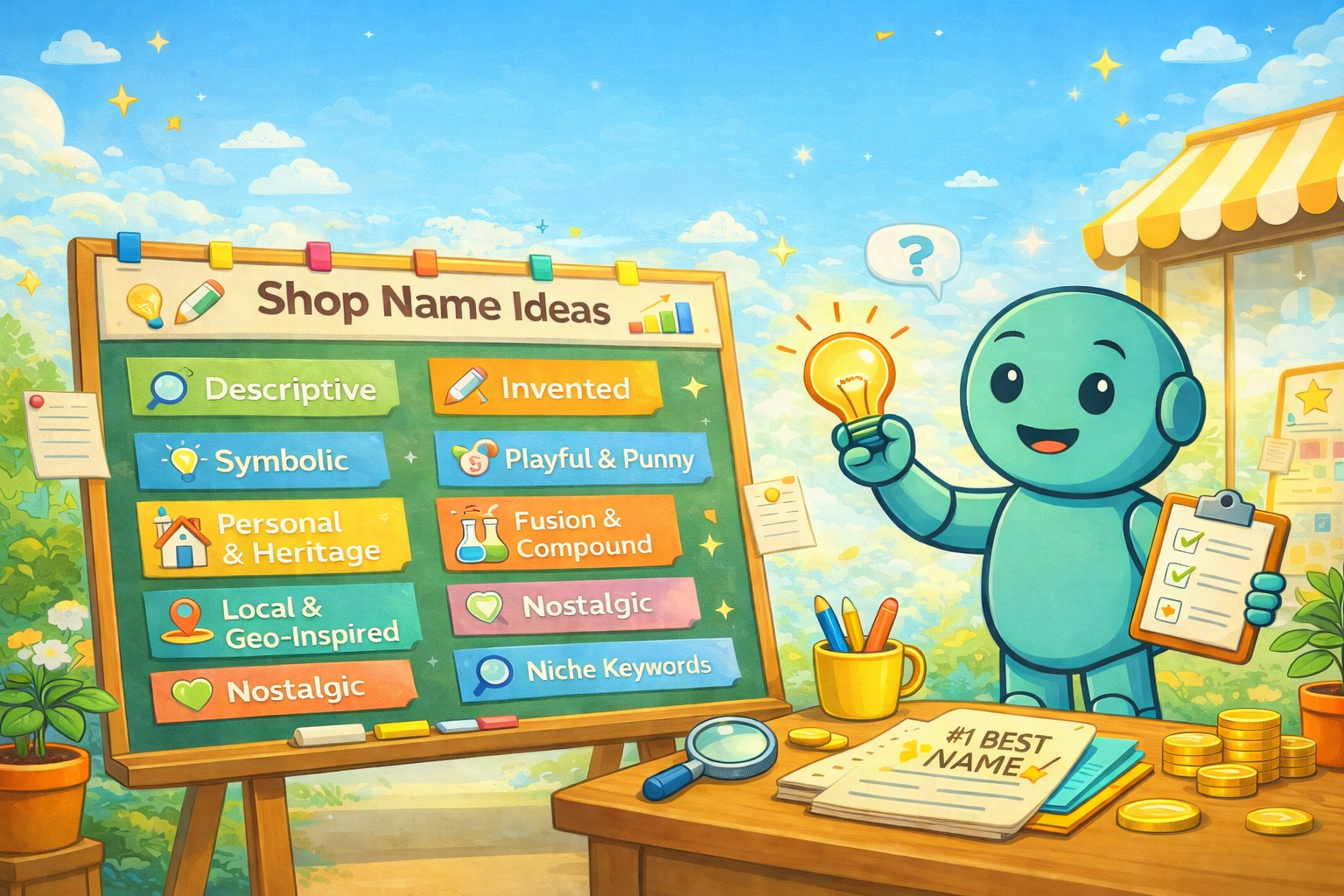 Illustration von Namero mit Gluehbirne und Checkliste vor einer Tafel mit verschiedenen Shop Name Ideen und Kategorien.