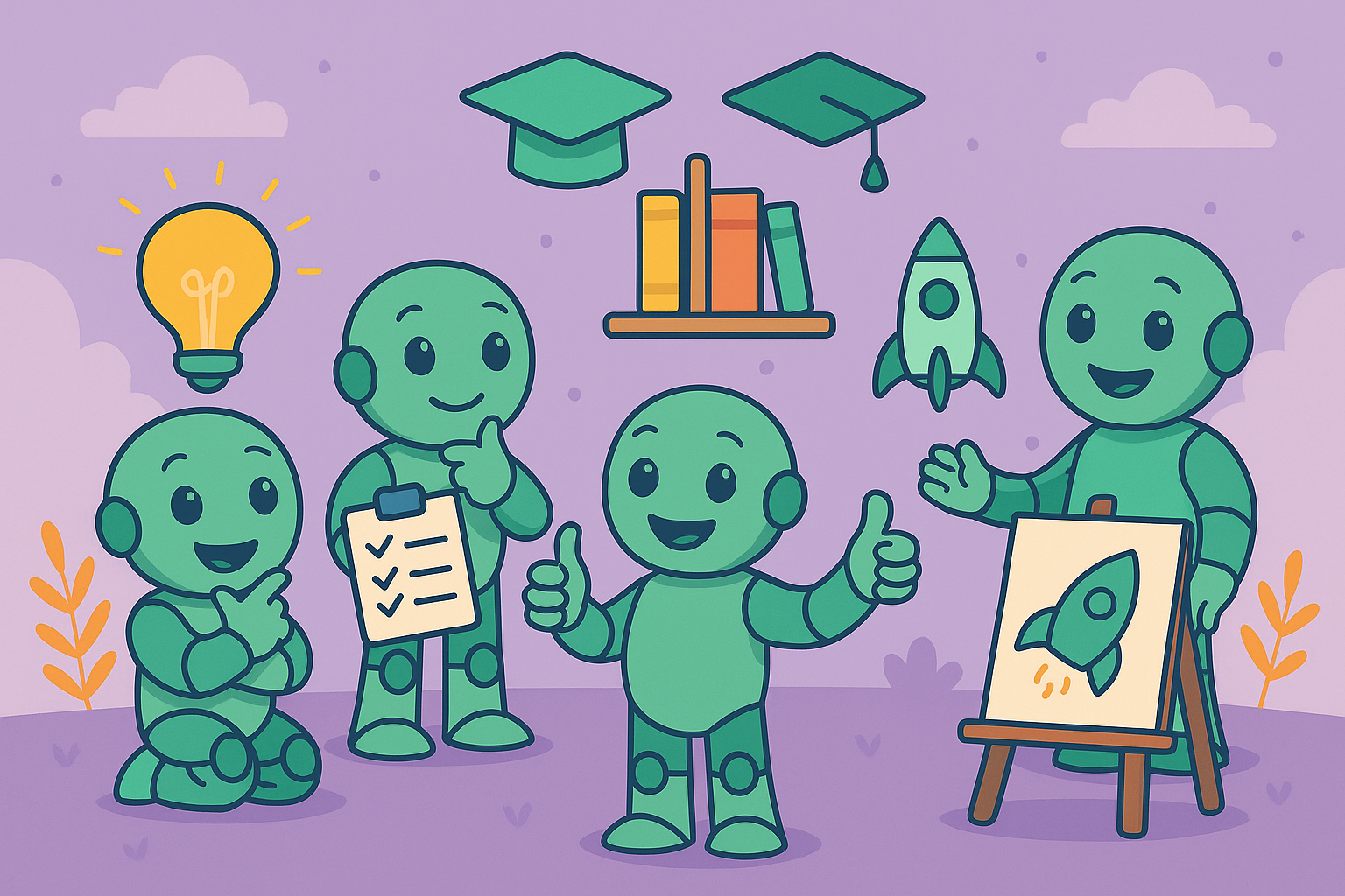 NameRobot Social Share Grafik zum Artikel 7 Minimum Viable Product Examples to Inspire You in 2026 mit Namero Figuren, Symbolen fuer Idee, Lernen und Raketenstart.