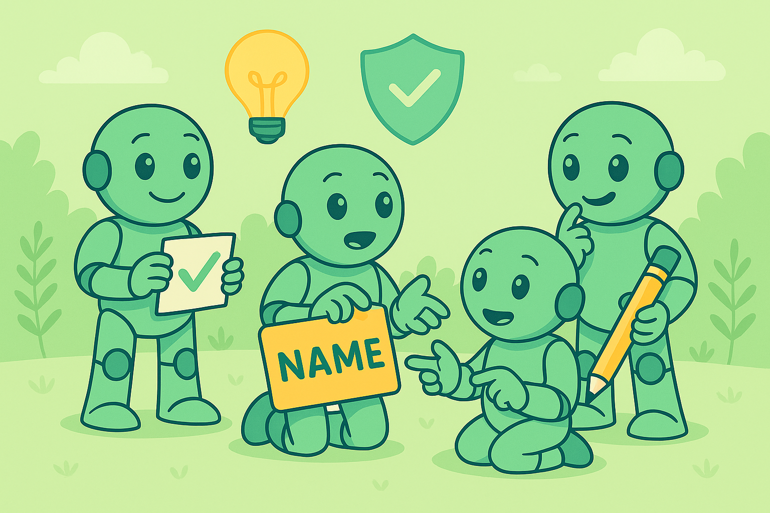 7 Tipps zur Unternehmensbenennung fuer eine starke Marke in 2026 Illustration mit Namero Figuren, einem Schild mit dem Wort Name, einer Gluehbirne und einem Symbol fuer Markensicherheit.