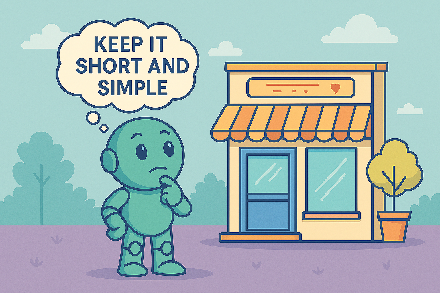 Illustration von Namero vor einem Geschaeft mit dem Hinweis Keep it short and simple.