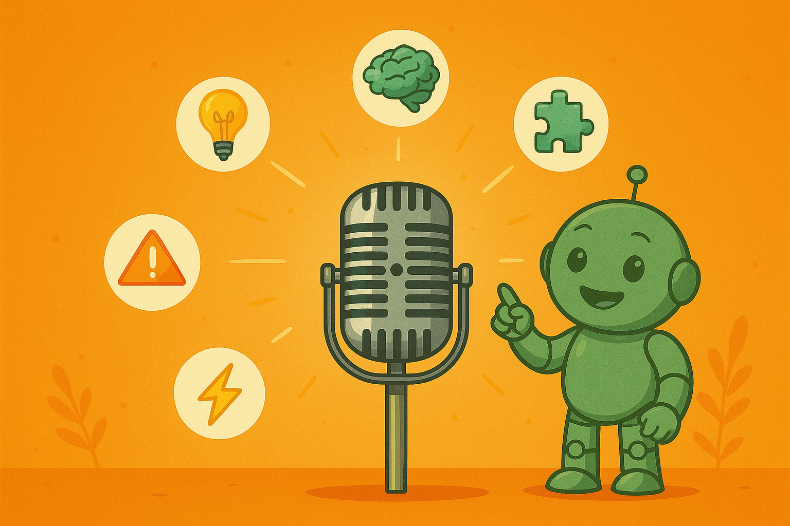 Namero präsentiert Ideen rund ums Podcasting Namero steht neben einem großen Mikrofon, umgeben von Symbolen wie Gehirn, Glühbirne und Puzzleteil – Darstellung kreativer Podcast-Themen.