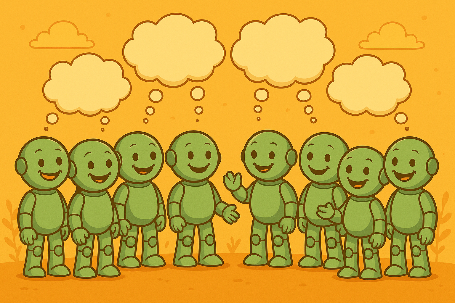 Gemeinsame Ideenfindung für Markennamen Acht Namero-Roboter stehen in zwei Gruppen gegenüber und diskutieren. Über jedem Roboter erscheint eine Denkblase – Symbol für kreatives Brainstorming zur Namensfindung.