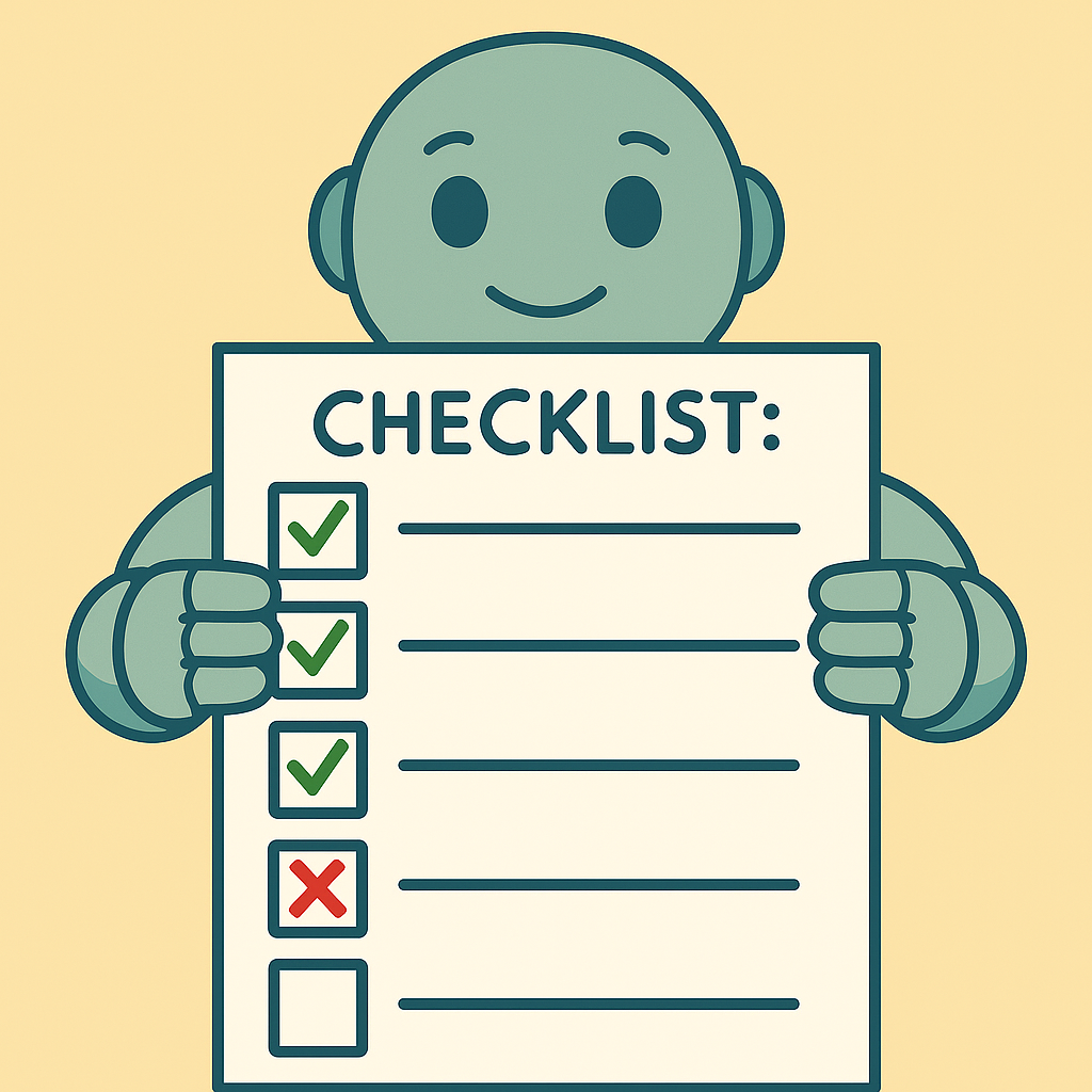 Namero hält eine große Checkliste mit fünf Punkten, drei davon abgehakt, einer mit rotem X markiert, einer offen – Symbol für strukturierte Aufgabenlisten bei der Namens- oder Markenentwicklung.
