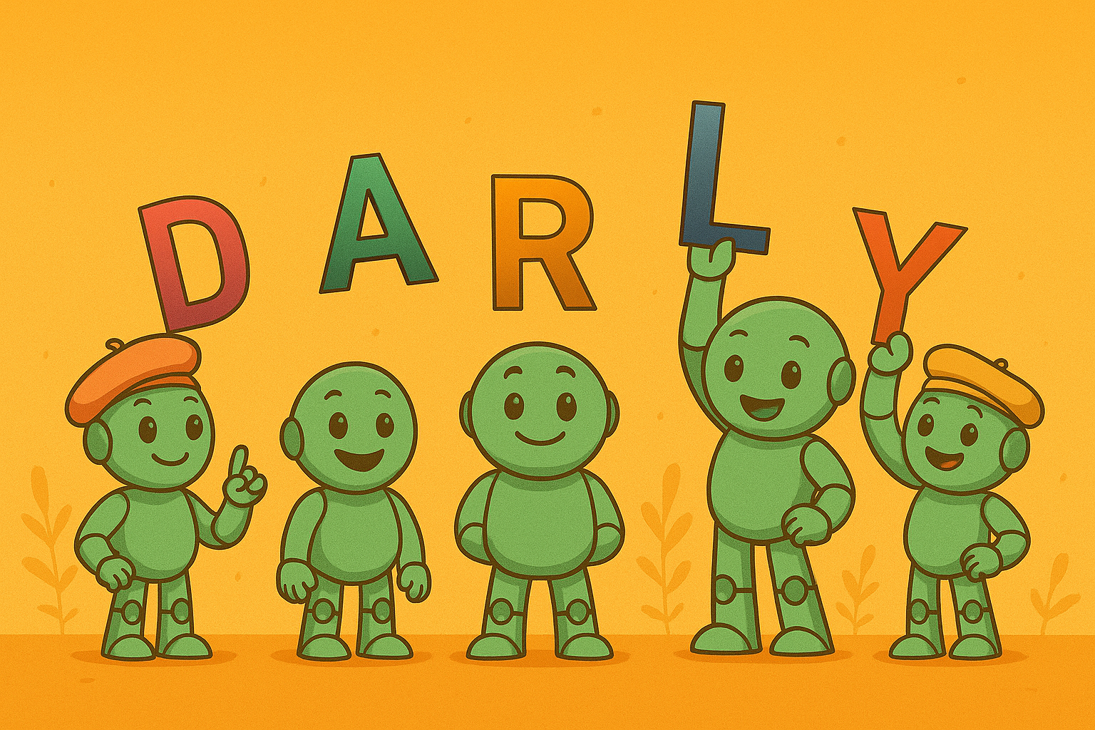 Fünf Nameros heben bunte Buchstaben in die Höhe, die zusammen das Wort „DARLY“ bilden.