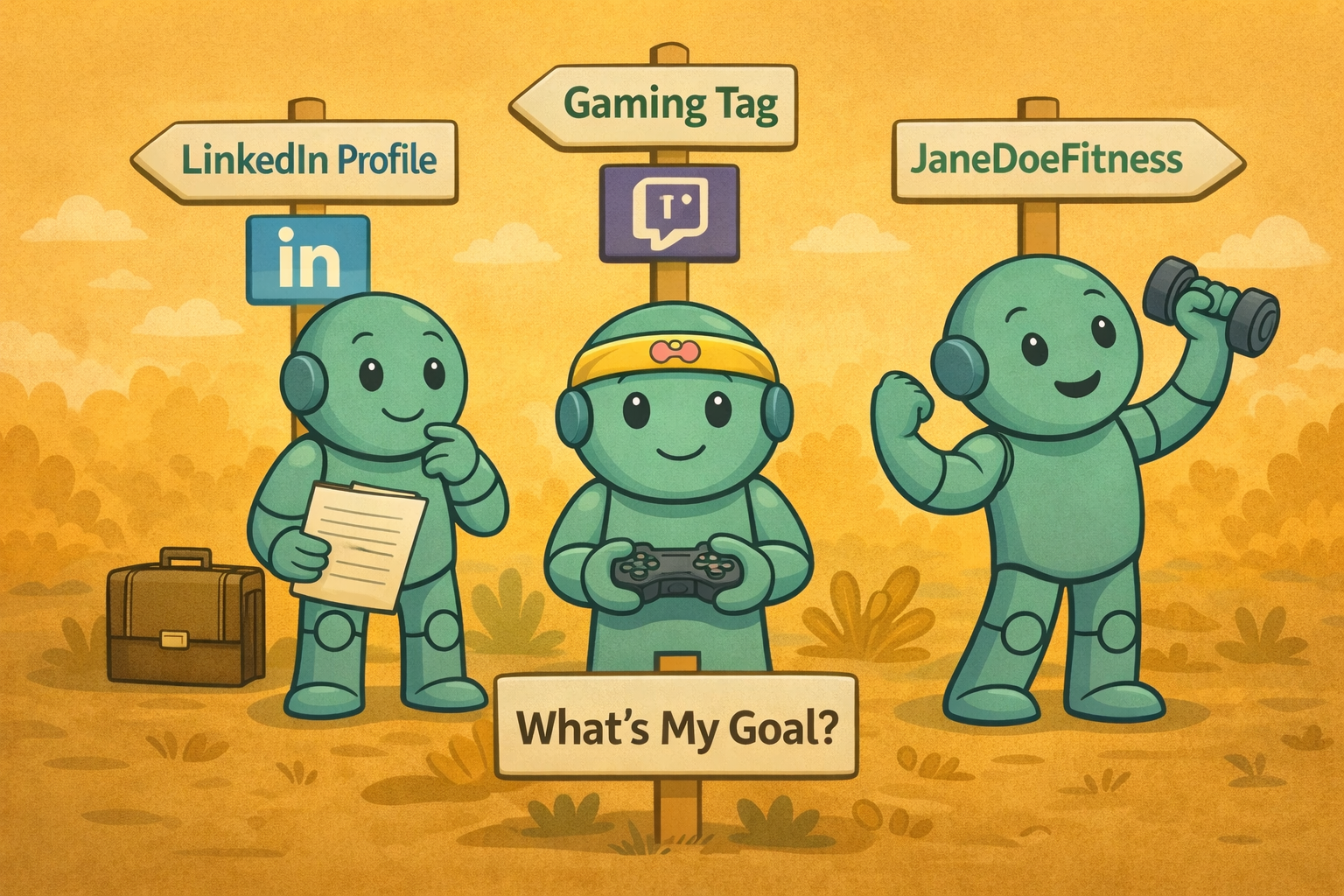 Illustration von Namero Figuren zwischen Wegweisern fuer LinkedIn, Gaming und Fitness mit der Frage nach dem richtigen Ziel.