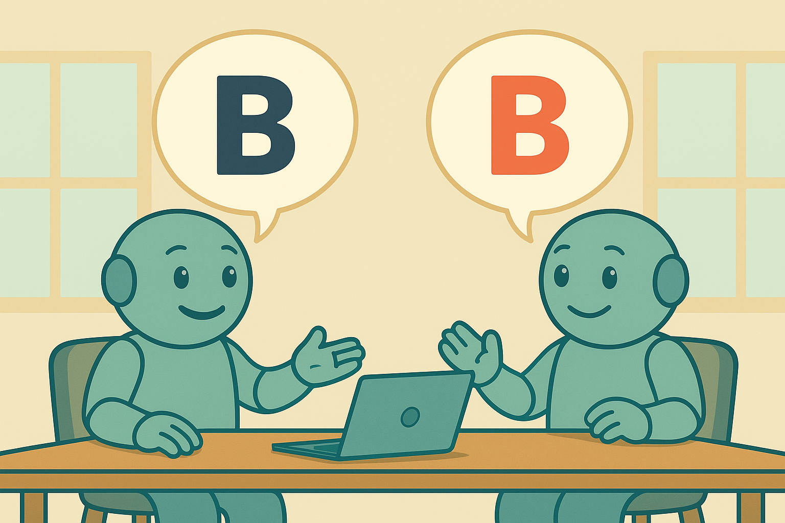 Zwei Mal „B“ – und doch verschieden: Namero diskutiert Namensdetails Zwei Namero-Roboter sitzen sich an einem Tisch mit Laptop gegenüber und diskutieren. In Sprechblasen erscheinen zwei Varianten des Buchstabens „B“ – einmal in Schwarz, einmal in Rot – Symbol für feine Unterschiede bei Markennamen, Logos oder Typografie.