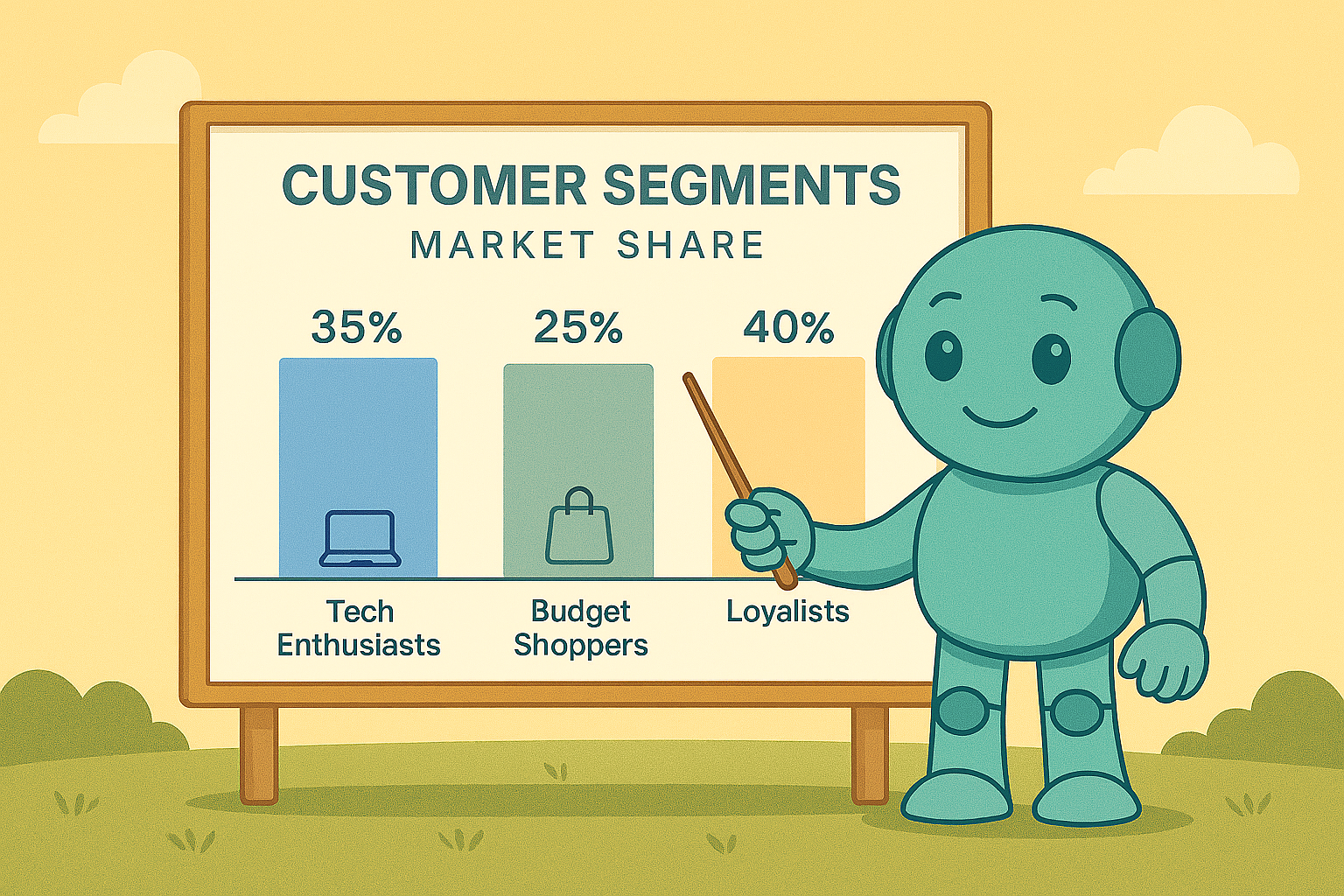 Illustration mit Namero, dem Maskottchen von NameRobot, der auf ein Flipchart mit einem Balkendiagramm zeigt. Die Marktsegmente sind „Tech Enthusiasts“ (35 %), „Budget Shoppers“ (25 %) und „Loyalists“ (40 %).