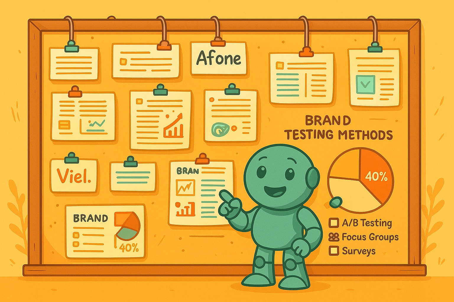 Namensideen analysieren mit A/B-Tests, Umfragen und Fokusgruppen Namero steht vor einer Pinnwand voller Markenideen, Diagramme und Auswertungen. Ein Kreisdiagramm erklärt, dass 40 % der Tests über A/B-Testing erfolgen, daneben Fokusgruppen und Umfragen.