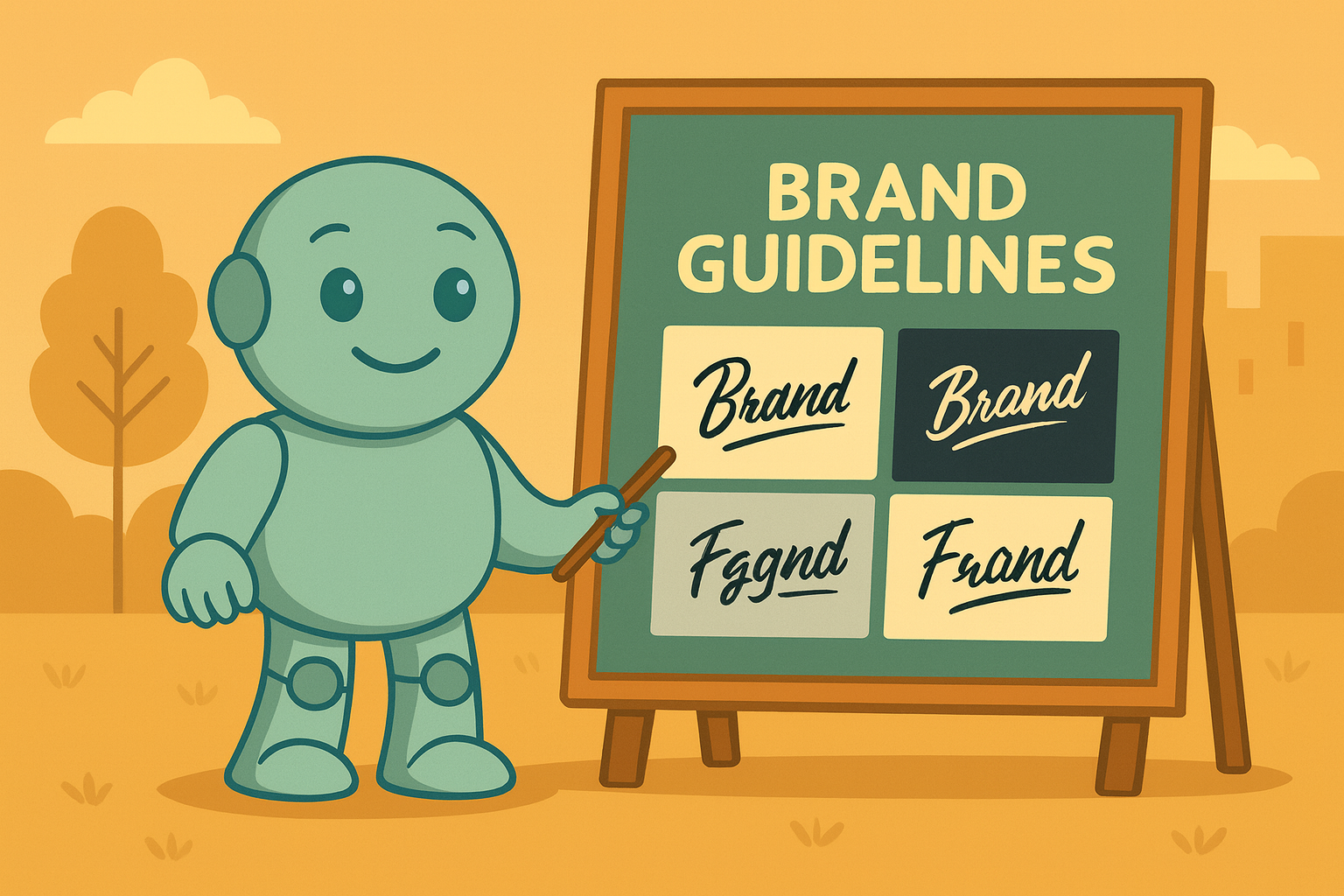 Illustration mit Namero, dem Maskottchen von NameRobot, der auf ein Flipchart mit der Aufschrift „Brand Guidelines“ zeigt. Auf dem Chart sind verschiedene Schreibweisen des Wortes „Brand“ dargestellt, um korrekte und inkorrekte Varianten zu verdeutlichen.