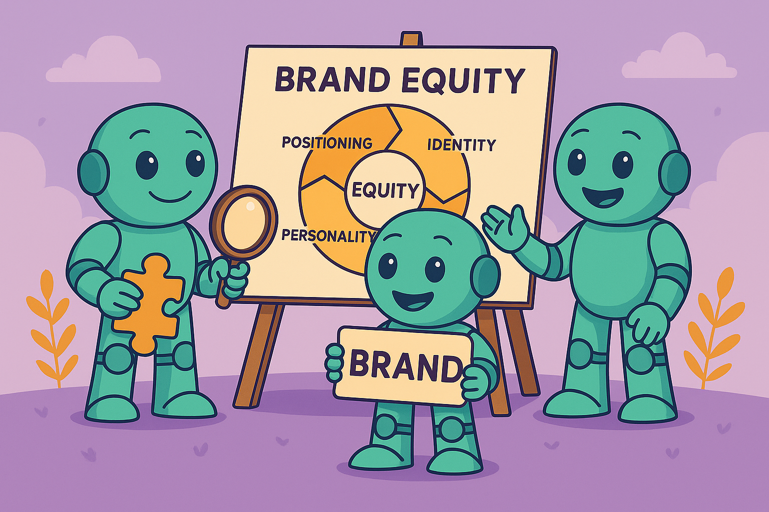 Drei Namero-Roboter präsentieren ein Brand-Equity-Diagramm mit den Begriffen Positionierung, Identität und Persönlichkeit. Einer hält ein Puzzle-Teil, einer eine Tafel mit „Brand“.