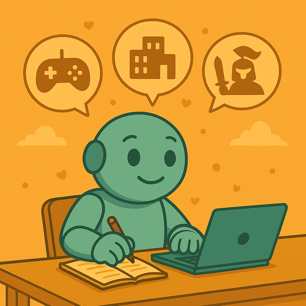 Namero sitzt an einem Schreibtisch mit Laptop und Notizbuch, während über seinem Kopf Symbole für Videospiel, Gebäude und Ritter schweben – zeigt kreative Namensideen für Game-Projekte, Unternehmen und Figuren.