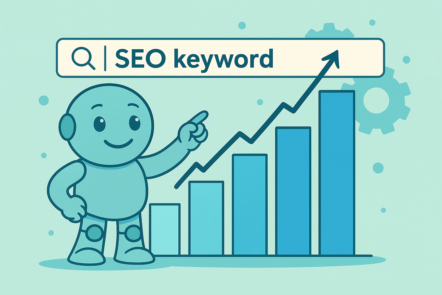 Namero steht vor einem aufsteigenden Balkendiagramm mit einem Pfeil, der auf ein Suchfeld mit dem Text „SEO keyword“ zeigt – Symbolbild für effektive Suchmaschinenoptimierung durch gezielte Begriffe.