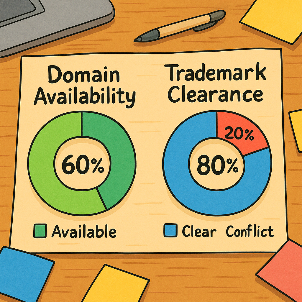 Zwei Kreisdiagramme auf einem Schreibtisch: Links zeigt „Domain Availability“ 60 % Verfügbarkeit, rechts zeigt „Trademark Clearance“ 80 % klare Ergebnisse und 20 % Konflikte – Symbol für den Abgleich von Namensideen mit Domains und Markenrechten.