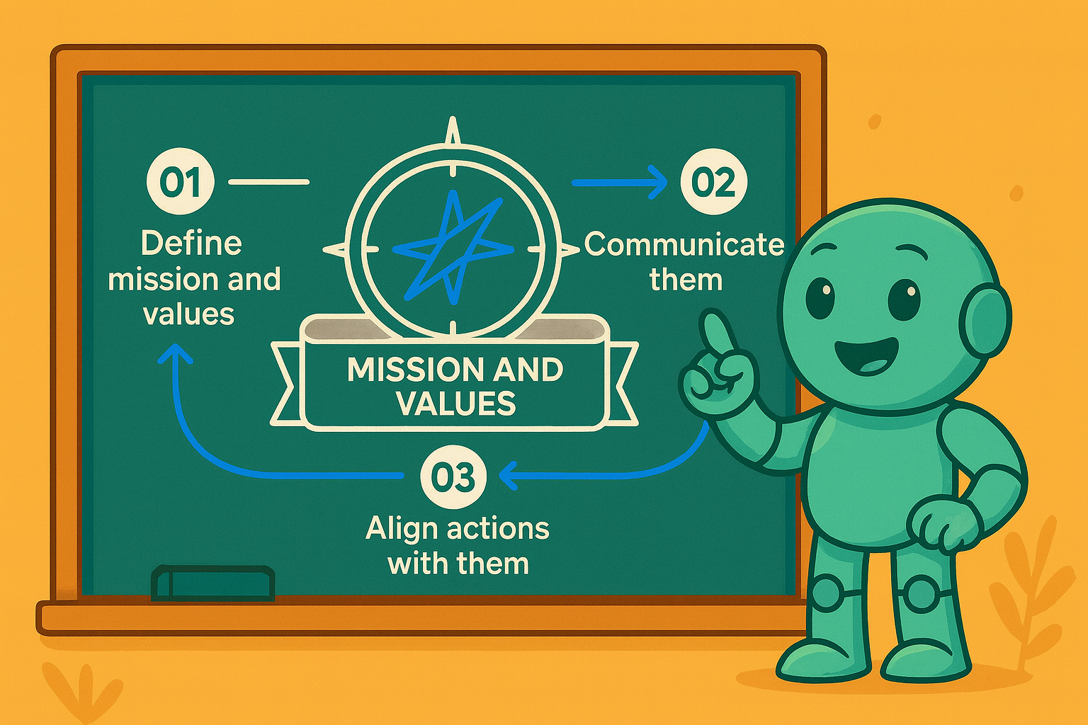 Mission und Werte definieren, kommunizieren und umsetzen Illustration mit Namero, dem Maskottchen von NameRobot, das auf eine Tafel zeigt. Darauf ein Diagramm mit drei Schritten: „1. Mission und Werte definieren“, „2. Kommunizieren“, „3. Handlungen daran ausrichten“. In der Mitte steht „Mission and Values“ mit einem Kompass-Symbol.