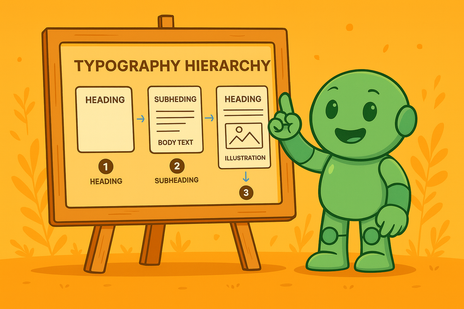 Illustration mit Namero, dem Maskottchen von NameRobot, der auf ein Flipchart zeigt. Darauf wird die Typografie-Hierarchie erklärt: Überschrift (Heading), Unterüberschrift (Subheading, Body Text) und Illustration.