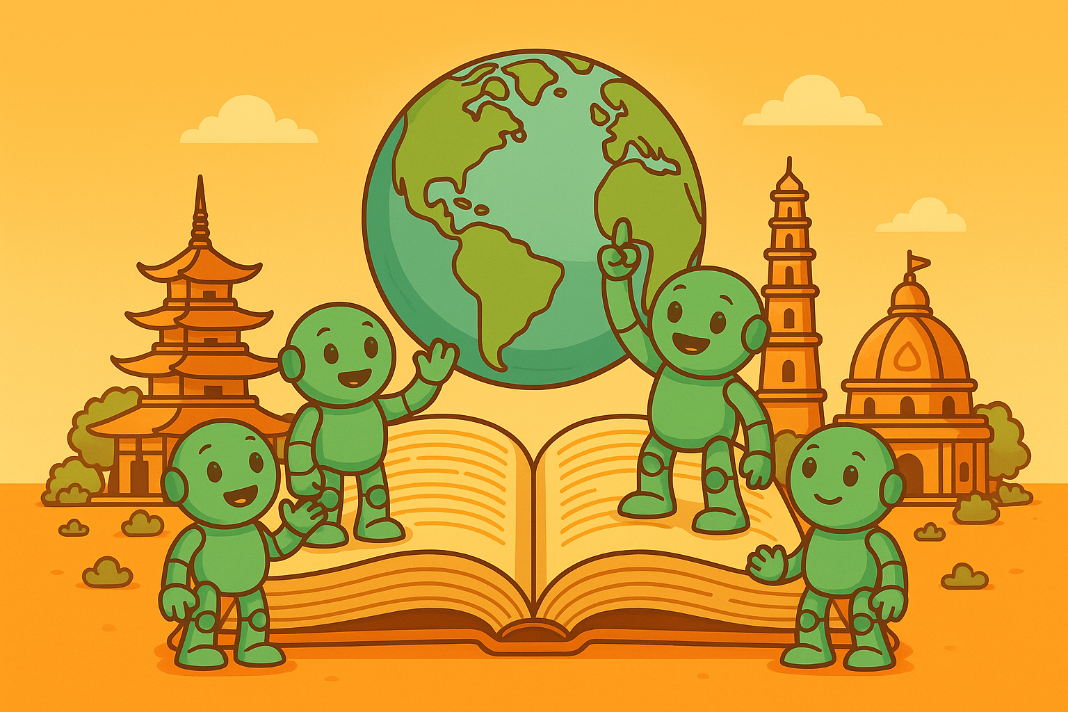 Vier Roboter stehen vor einem aufgeschlagenen Buch und einer Weltkugel, umgeben von internationalen Wahrzeichen – symbolisiert globale Inspiration für Namensideen aus verschiedenen Kulturen und Sprachen.