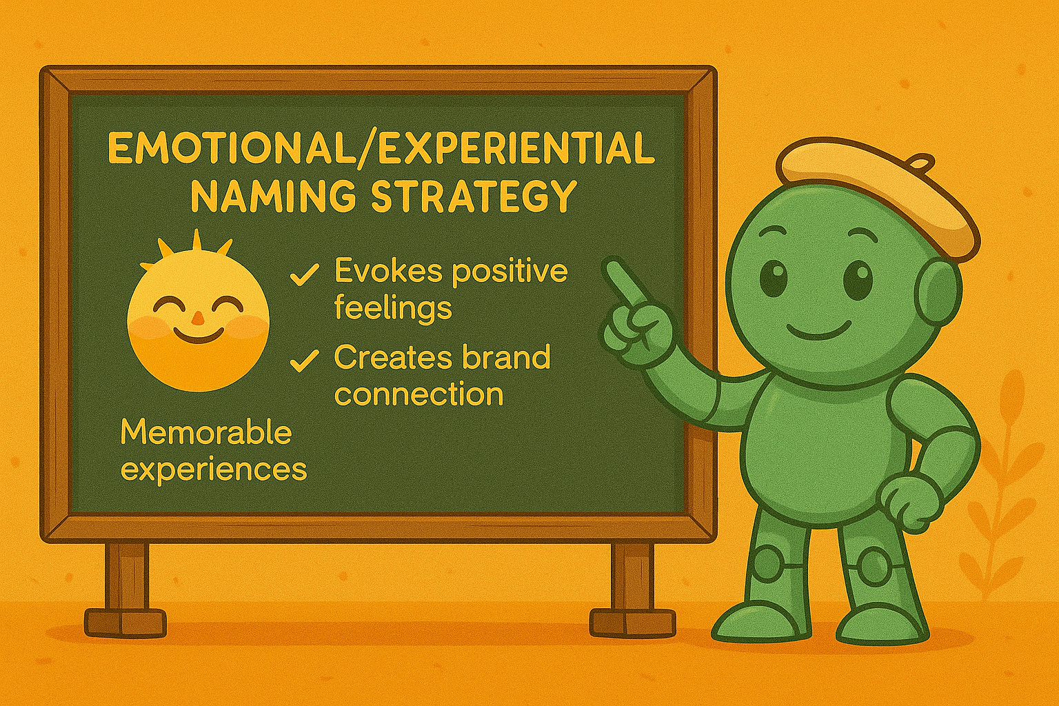 Namero steht vor einer Tafel mit der Aufschrift „Emotional/Experiential Naming Strategy“ und erklärt, wie Marken durch positive Gefühle und Erlebnisse eine stärkere Verbindung schaffen können.
