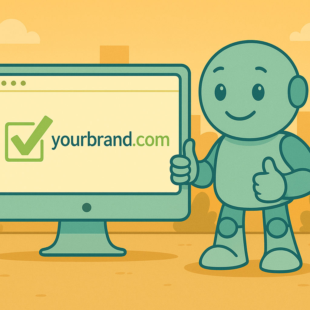 Domain gesichert: Namero gibt grünes Licht für yourbrand.com Namero steht mit Daumen hoch neben einem Bildschirm, auf dem „yourbrand.com“ mit einem grünen Haken angezeigt wird – Symbol für eine erfolgreiche Domainverfügbarkeit und Markenentscheidung.