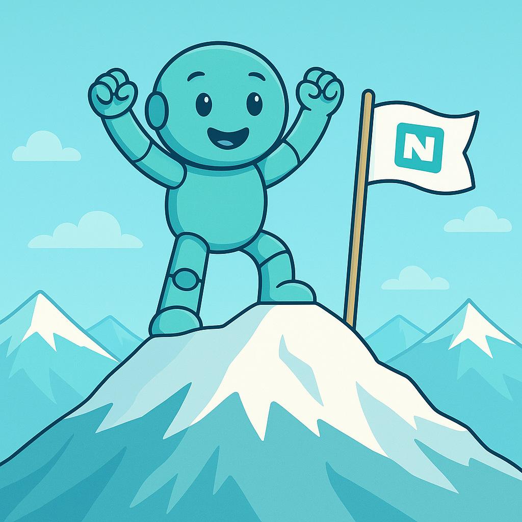 Namero erreicht den Gipfel: Der Erfolg eines starken Namens Namero jubelt auf einem verschneiten Berggipfel neben einer Flagge mit dem Buchstaben „N“ – Symbol für den Erfolg einer gelungenen Namensstrategie oder Projektvollendung.