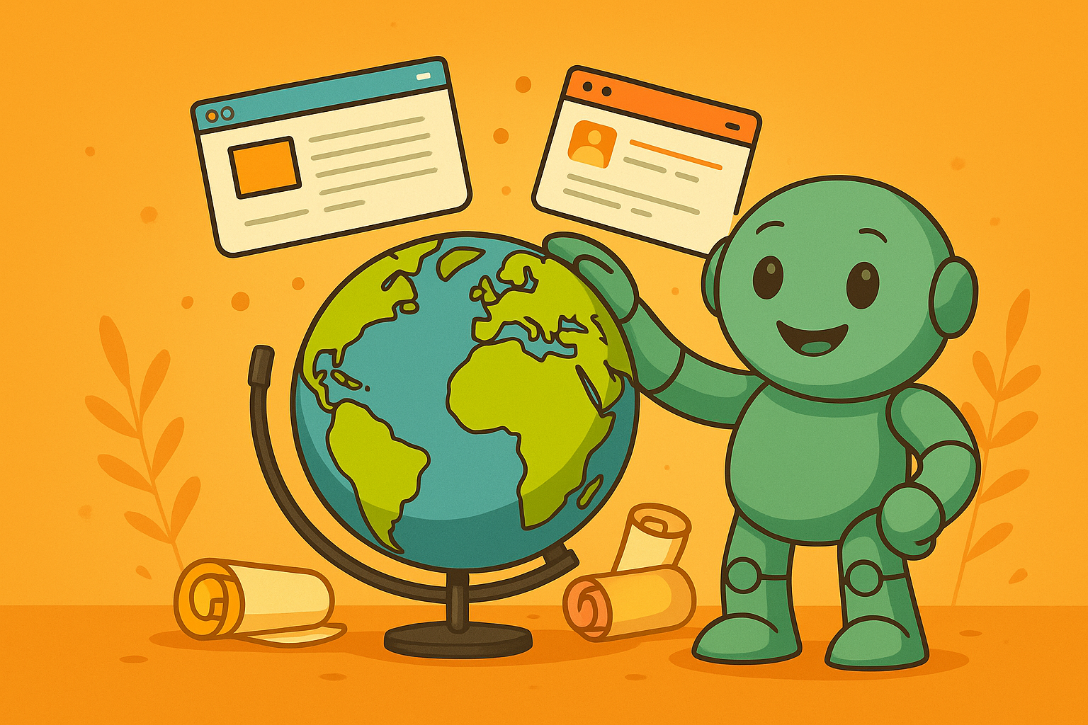 Namero steht neben einem Globus und zeigt auf Europa und Afrika, während über ihm zwei Webseiten schweben – Symbol für internationale Namensprojekte.